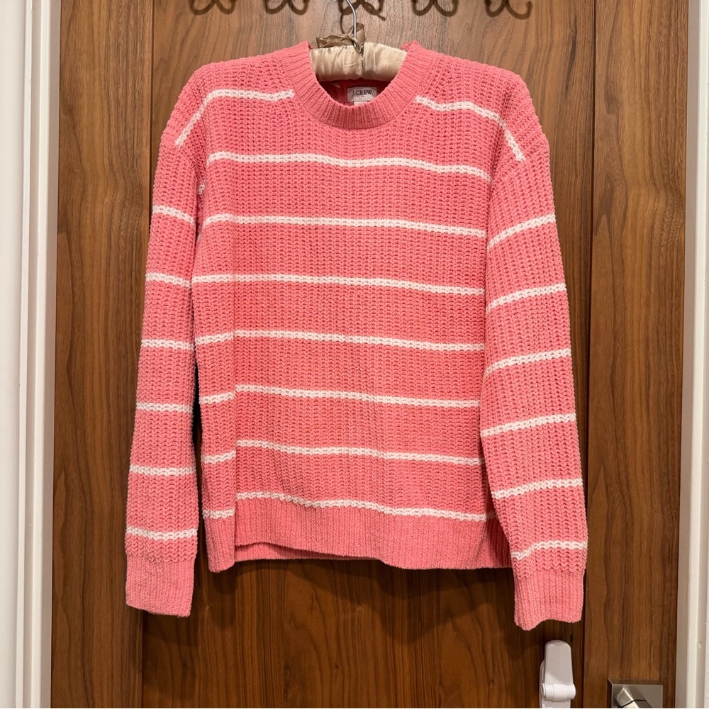 J. Crew Coral and Cream Striped Crew Neck Sweater